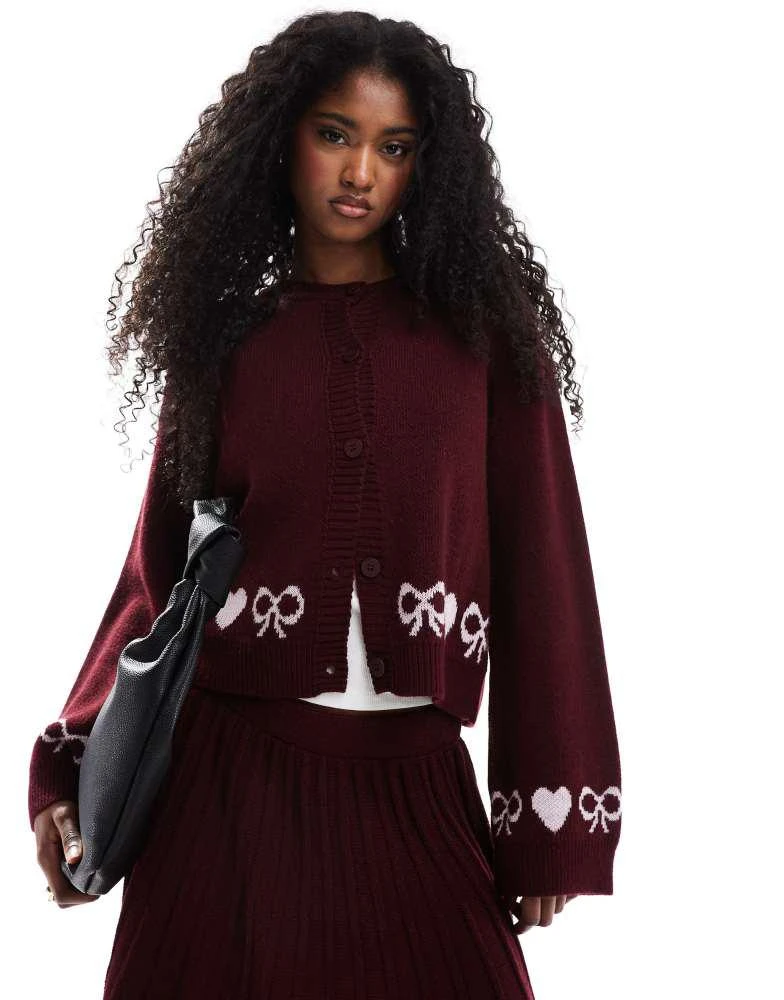 Miss Selfridge Miss Selfridge heart bow valentine cardigan co ord in burgundy 1