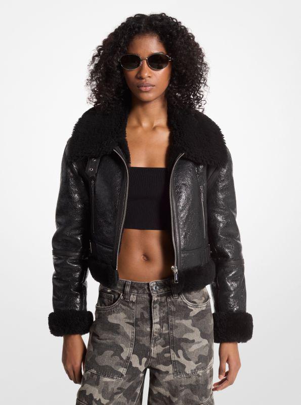 Michael Kors Crackled Leather and Shearling Cropped Jacket