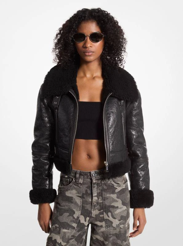 Michael Kors Crackled Leather and Shearling Cropped Jacket 1