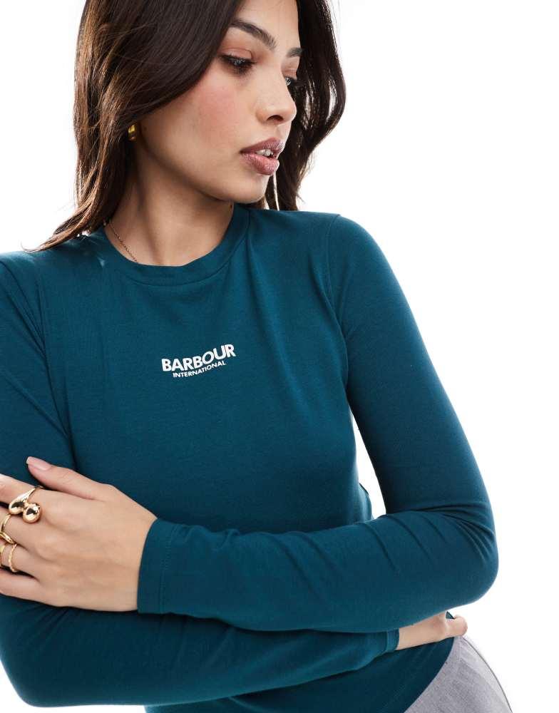 Barbour Barbour International Myla logo long sleeve t-shirt in deep teal exclusive to asos