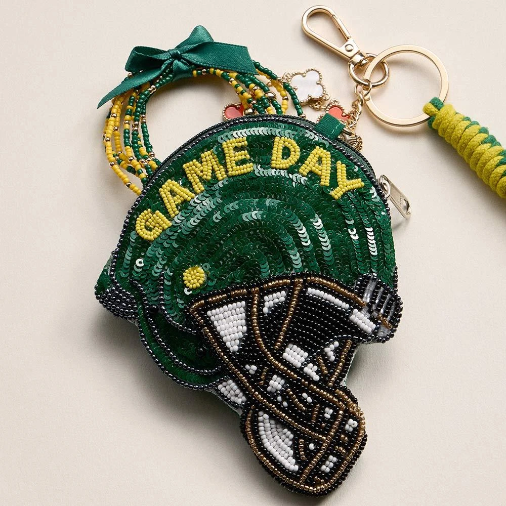 FASHNZFAB OREGON GAME DAY Football Helmet Sequin Seed Beaded Knot Keychain Mini Pouch Bag