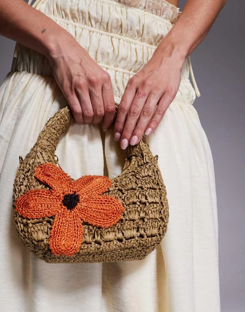 River Island River Island raffia shoulder bag with flower detail in beige 3