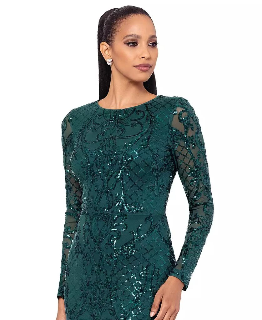 Betsy & Adam Petite Sequinned Mesh-Sleeve Evening Gown 4