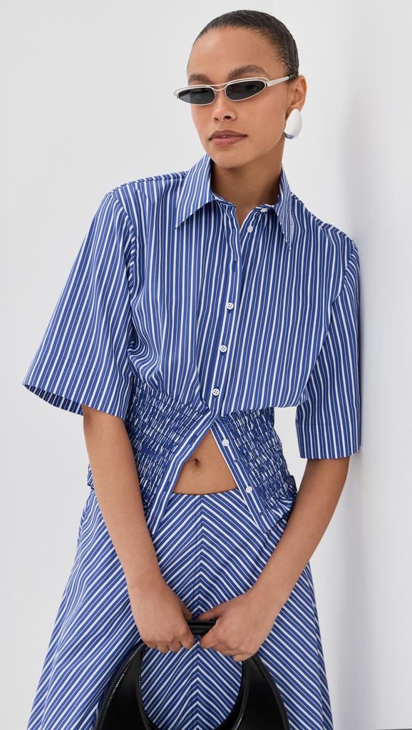 Brandon Maxwell The Harte Button Up Shirt with Smocked Bodice