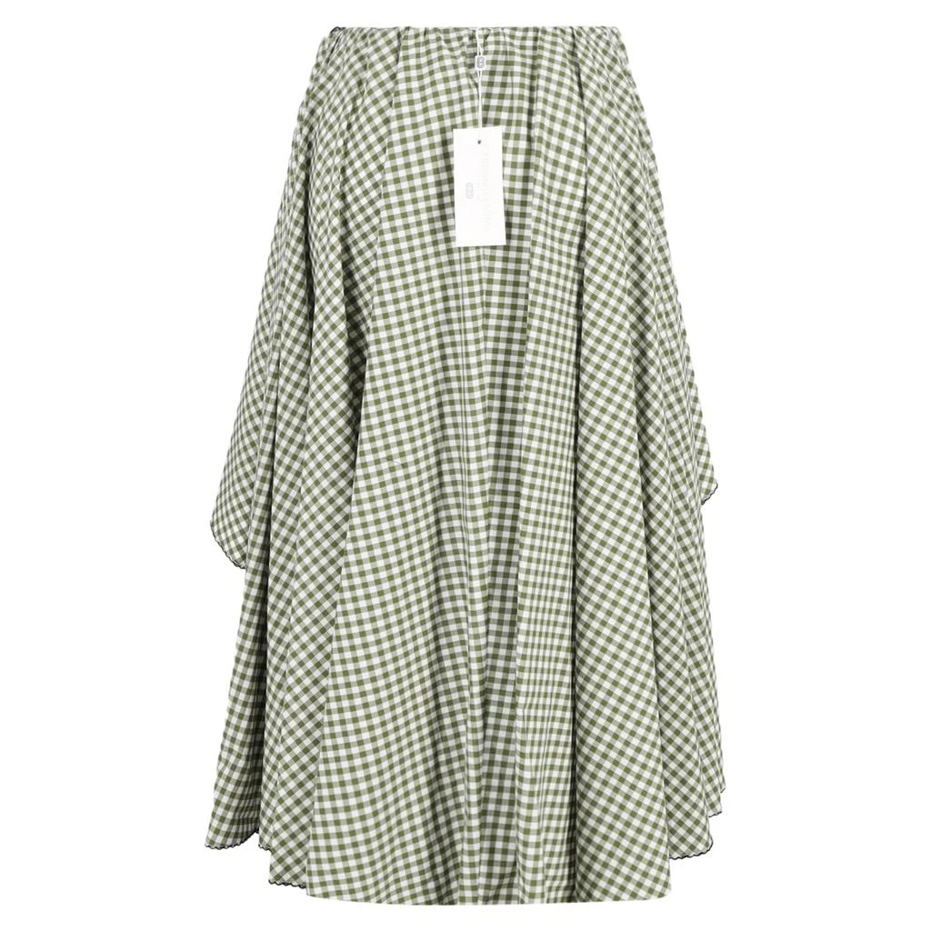 CAROLINE CONSTAS Adelle Gingham Midi Asymmetric Skirt in Green Cotton 3