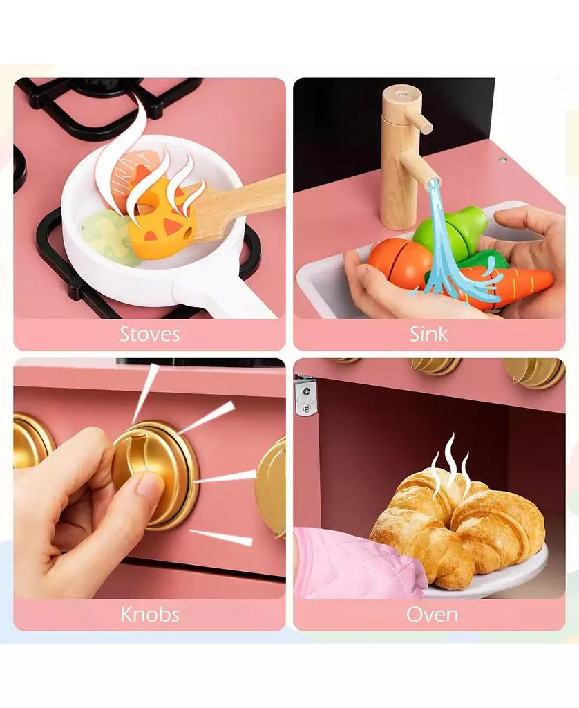 HONGGE Wooden Play Kitchen for Kids with Door Curtain and Cooking Accessories - Pink 3