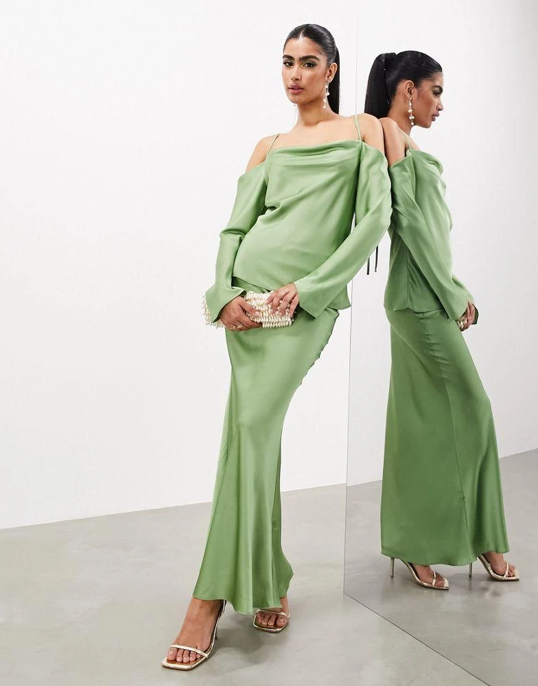 ASOS ASOS EDITION drapey long sleeve cold shoulder top in green 4