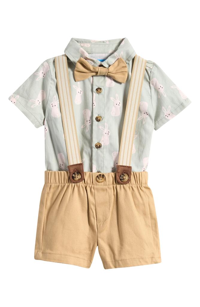 Draper James Short Sleeve Button-Up Shirt, Suspender Shorts & Bow Tie Set