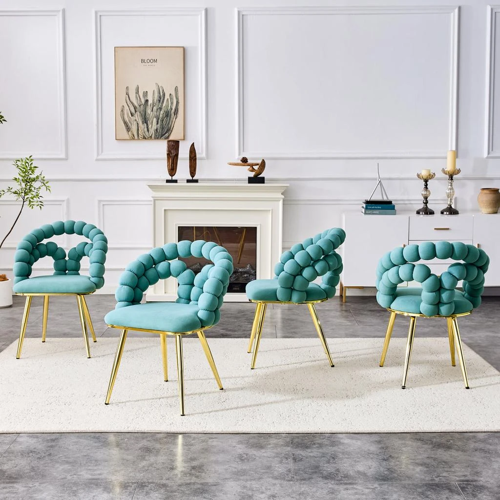 Streamdale Furniture Streamdale Set of 4 Teal Velvet Puffy Bubble Chairs with Gold Legs 5