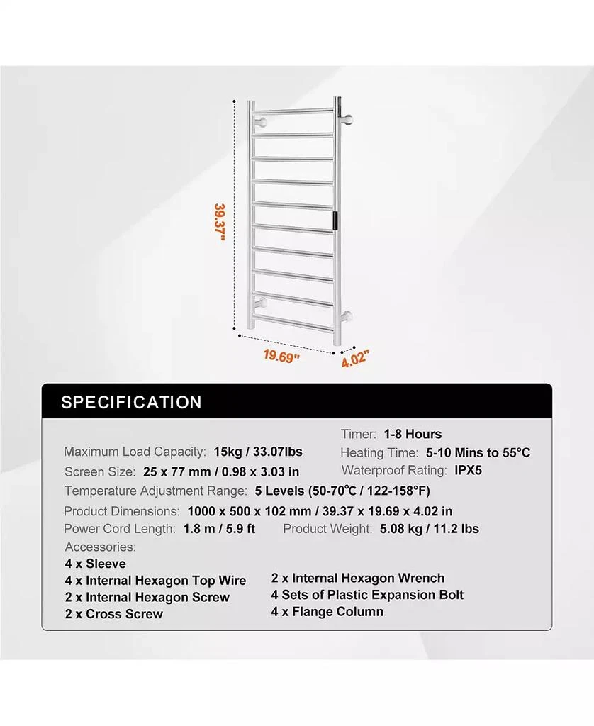 Ecooso 10 Bars Towel Warmer Rack, Wall Mounted Heated Towel Rack for Bathroom 4