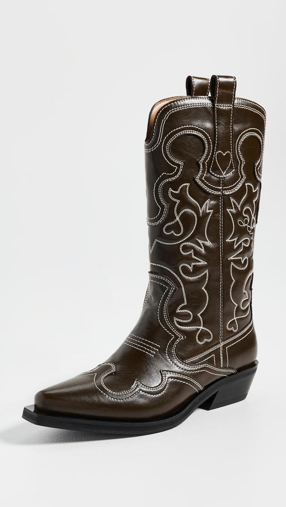 Ganni Brown Mid Shaft Embroidered Western Boots - Shoes