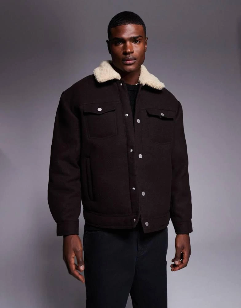 ASOS ASOS DESIGN relaxed wool look harrington jacket with borg lining in brown