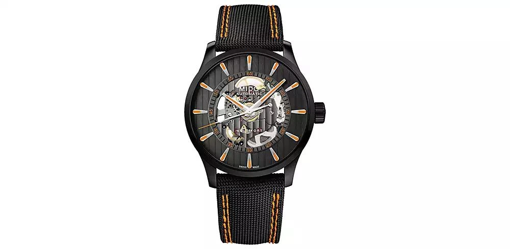 MIDO Men's Swiss Automatic Multifort Skeleton Vertigo Black and Orange Fabric Strap Watch 42mm 1