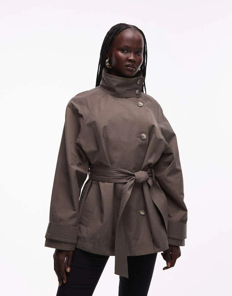 ASOS ASOS DESIGN funnel neck tie belt trench coat in mushroom