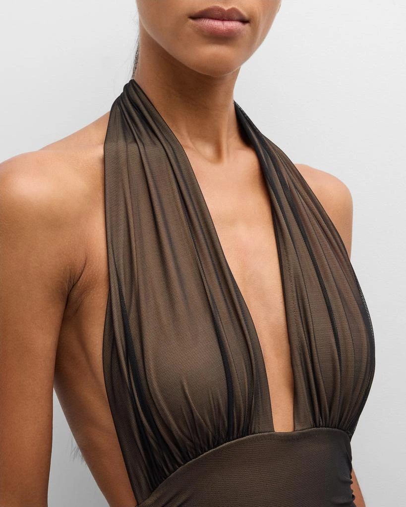 Norma Kamali Bill Ruched-Mesh Halter Maillot Swimsuit 3