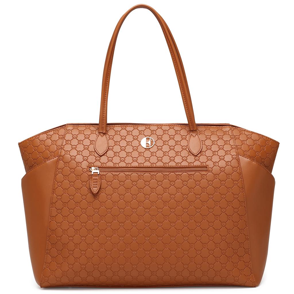 ELLE Compass 32L Vegan Leather Monogram Weekender Tote Bag | Brown