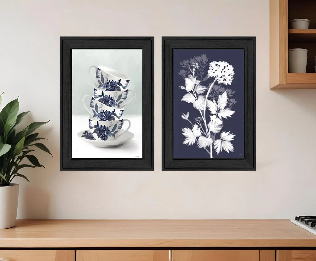 Hivvago Set Of Two Tea Towers with Flowers Blue Black Framed Print Kitchen Wall Art