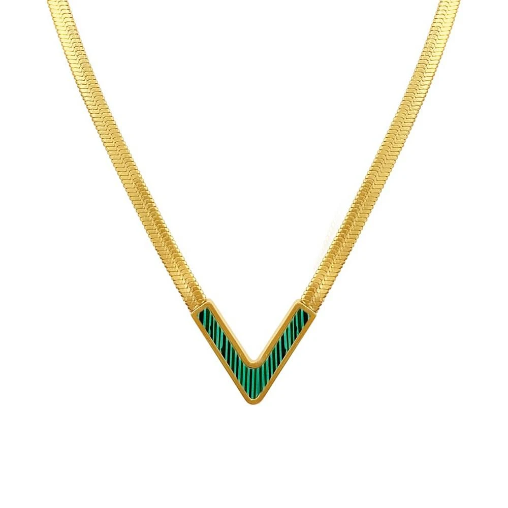 ADORNIA 14K Gold-Tone Plated Herringbone Chain with Green Stone Necklace 2