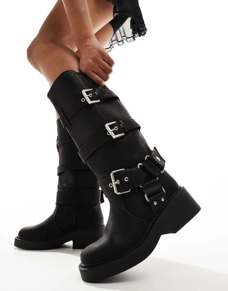 ASOS ASOS DESIGN Captain multi-buckle biker knee boots in black 1