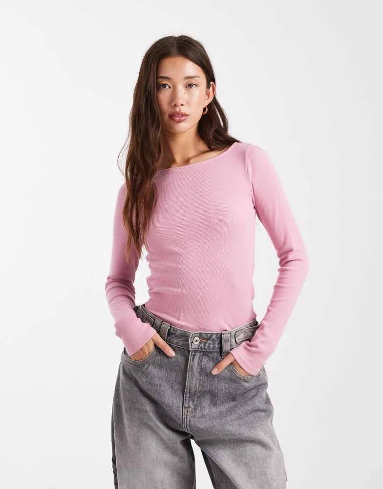 HOLLISTER Hollister long sleeve slash neck top in pink 1