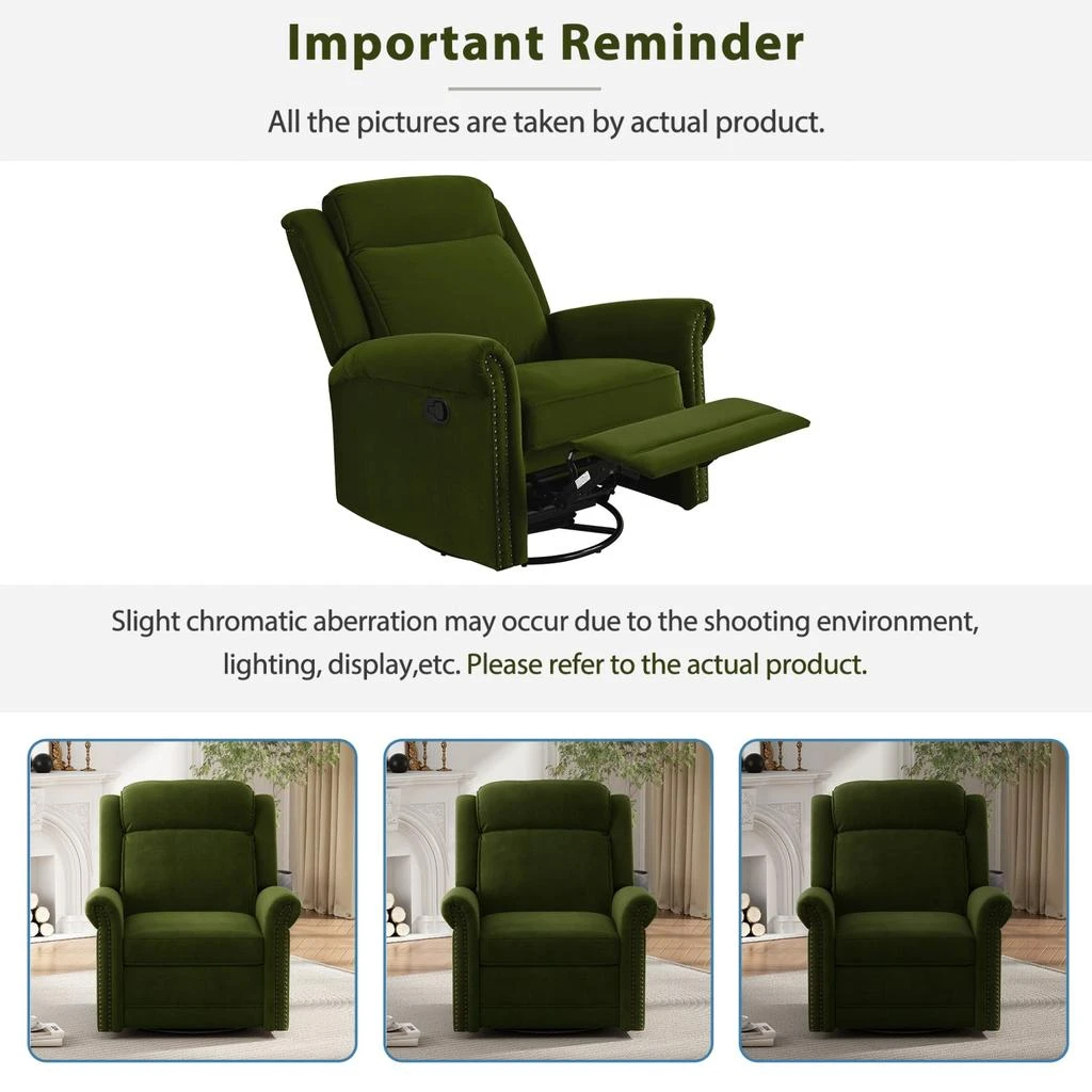 Streamdale Furniture Streamdale 360 Swivel Rocking Recliner, Adjustable Back, Green 3