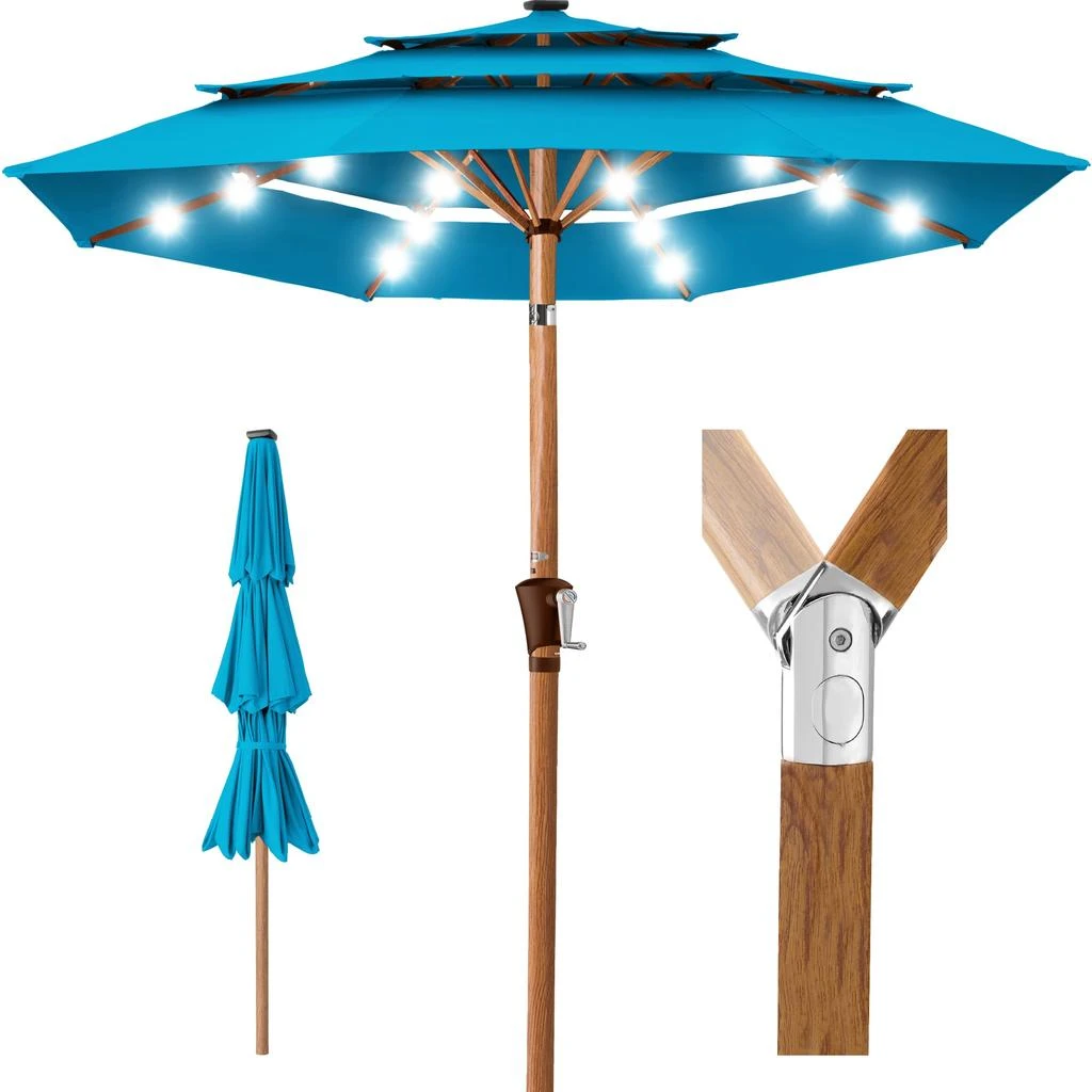Best Choice Products Woodgrain Pattern 10ft 3-Tier Solar Patio Umbrella w/ 24 LED Lights, Tilt