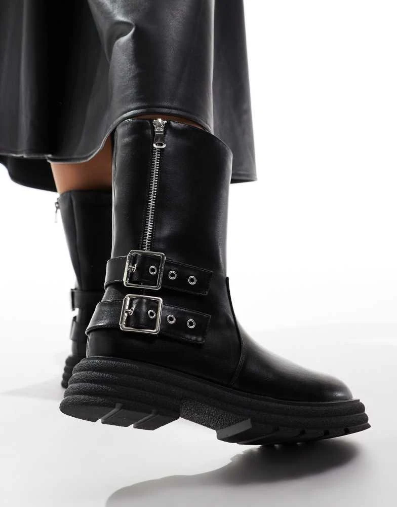 Glamorous Glamorous chunky chelsea boots with buckles and zip in black 1