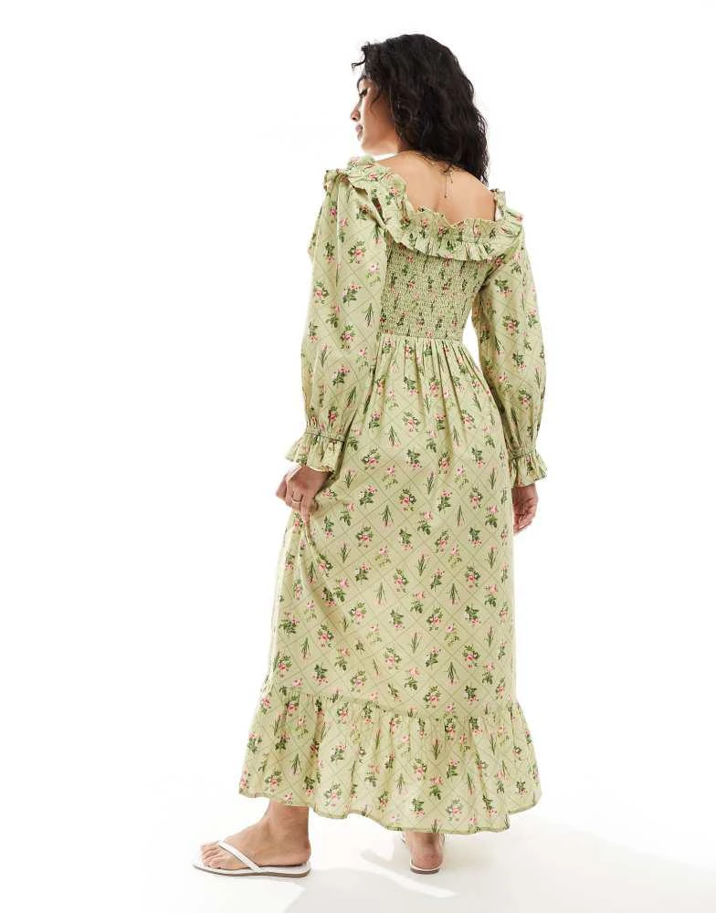 Shop Miss Selfridge linen printed bardot maxi dress in green floral on Sale  at BeyondStyle  Get 61% Off Miss Selfridge linen printed bardot maxi dress  in green floral with Limited-Time Flash