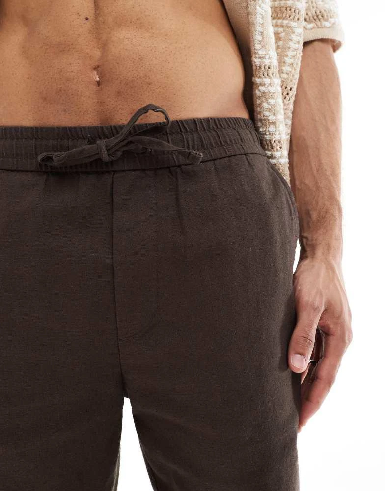Only & Sons ONLY & SONS linen mix tie waist shorts in brown 4