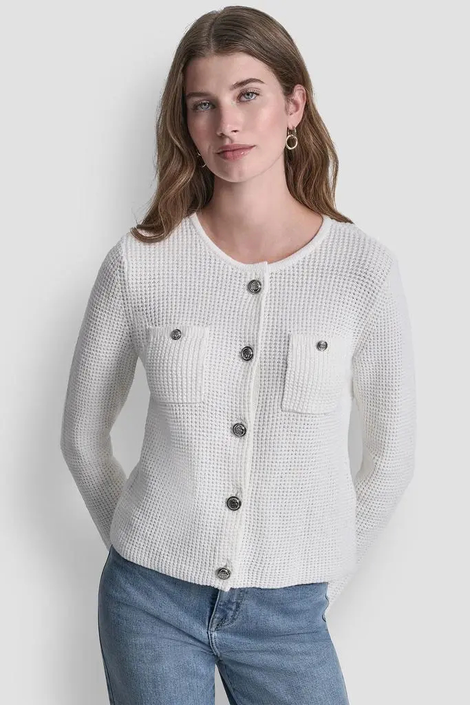 DKNY TUCK STITCH CREW NECK CARDIGAN