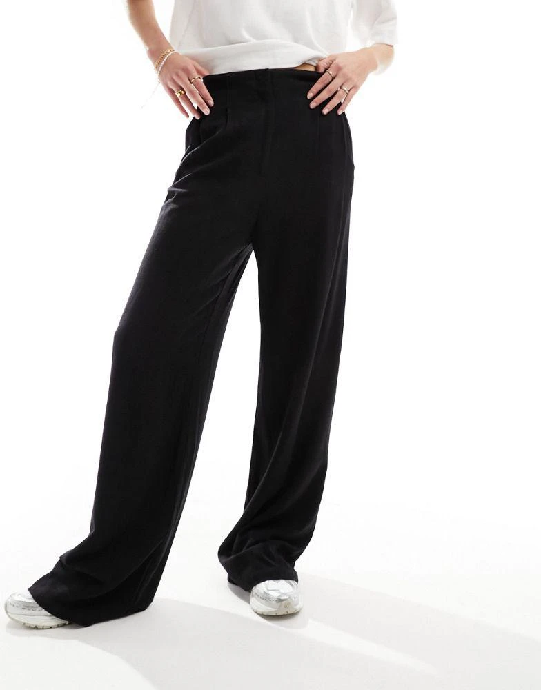 ASOS ASOS DESIGN Tall tailored high waist seam detail wide leg linen trousers in black 3