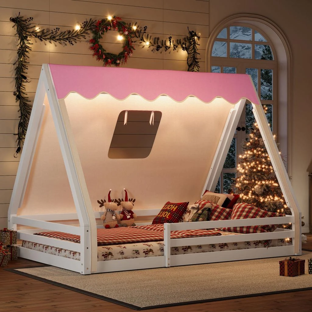 Streamdale Furniture Streamdale Full Size House Floor Bed with Tent and Light, Solid Wood Teepee Design, White+Pink
