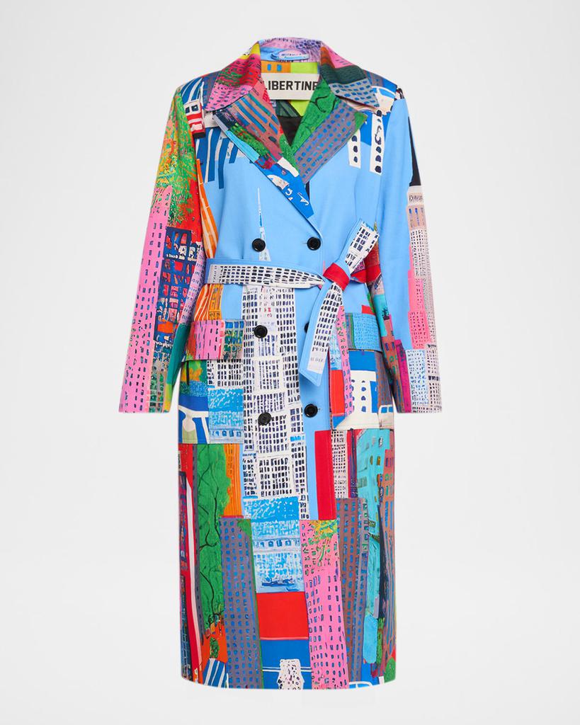 Libertine NYC Cityscape-Print Belted Long Trench Coat