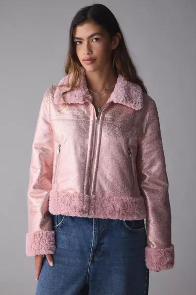Unreal Fur Unreal Fur Métallique Faux Fur Trim Aviator Jacket