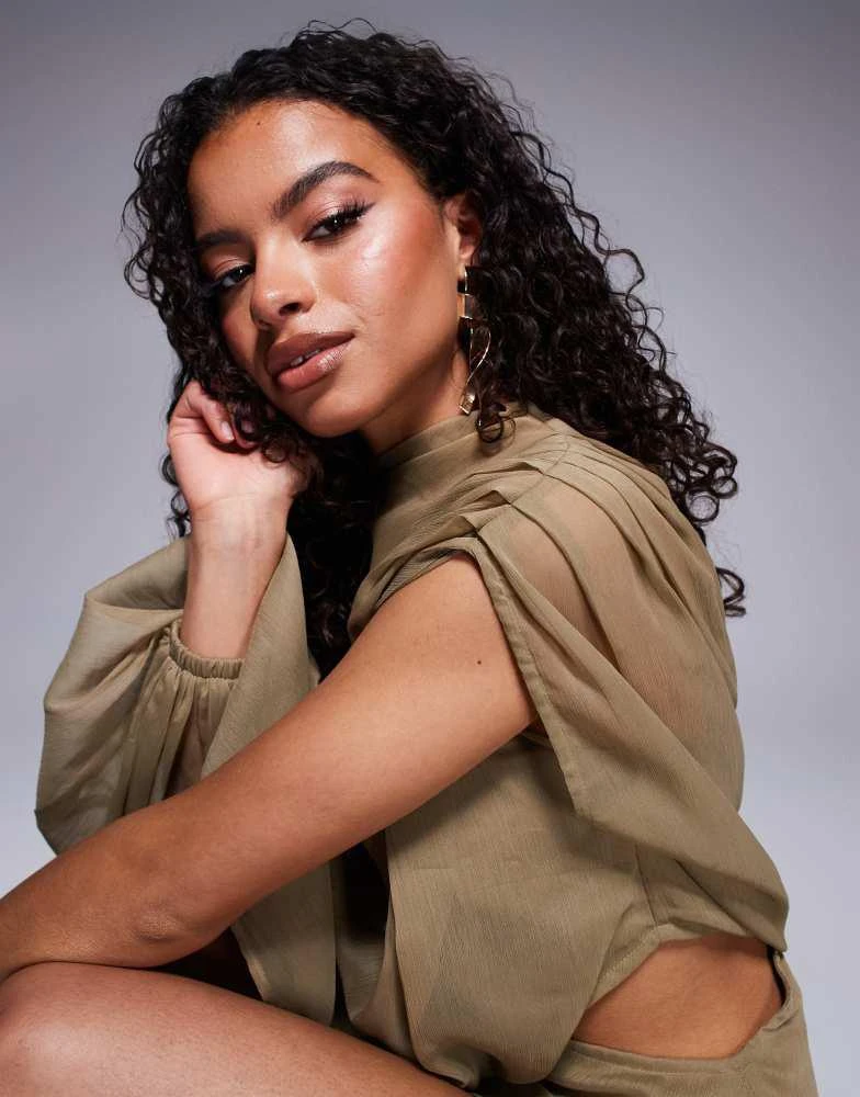 ASOS ASOS DESIGN Petite high neck draped asymmetric mini dress with cut out in taupe 4