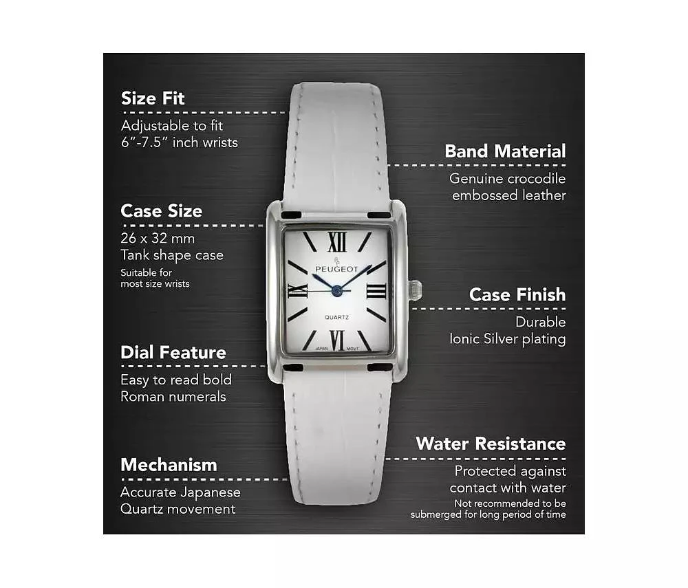Peugeot Women's Tank Watch Roman Dial White Leather Strap 3