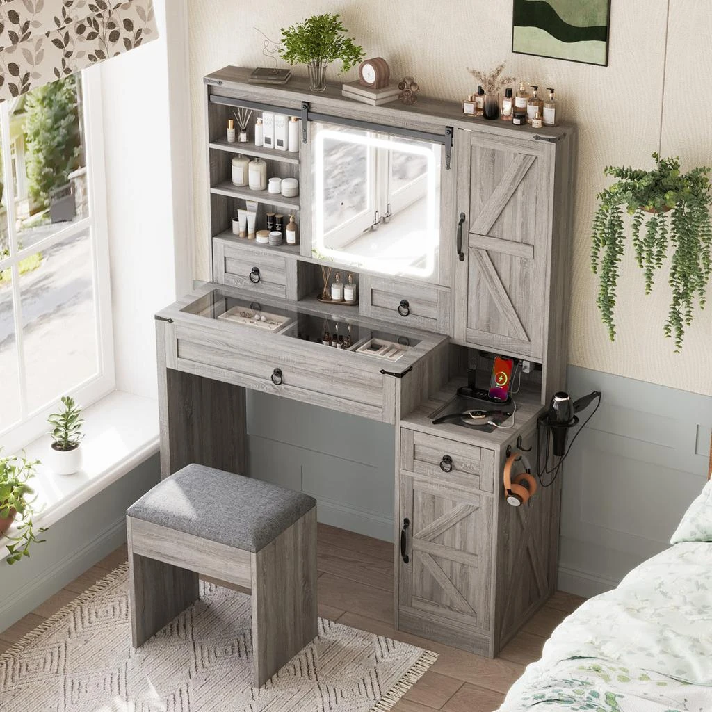 Streamdale Furniture Streamdale Farmhouse Vanity Desk with Sliding Mirror, Lights, Charging Station, Gray