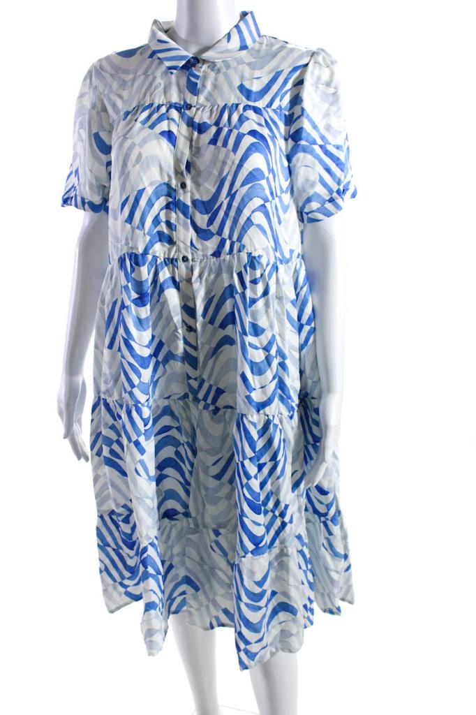 Designer Better Rich Womens Striped Button Down A Line Dress White Blue