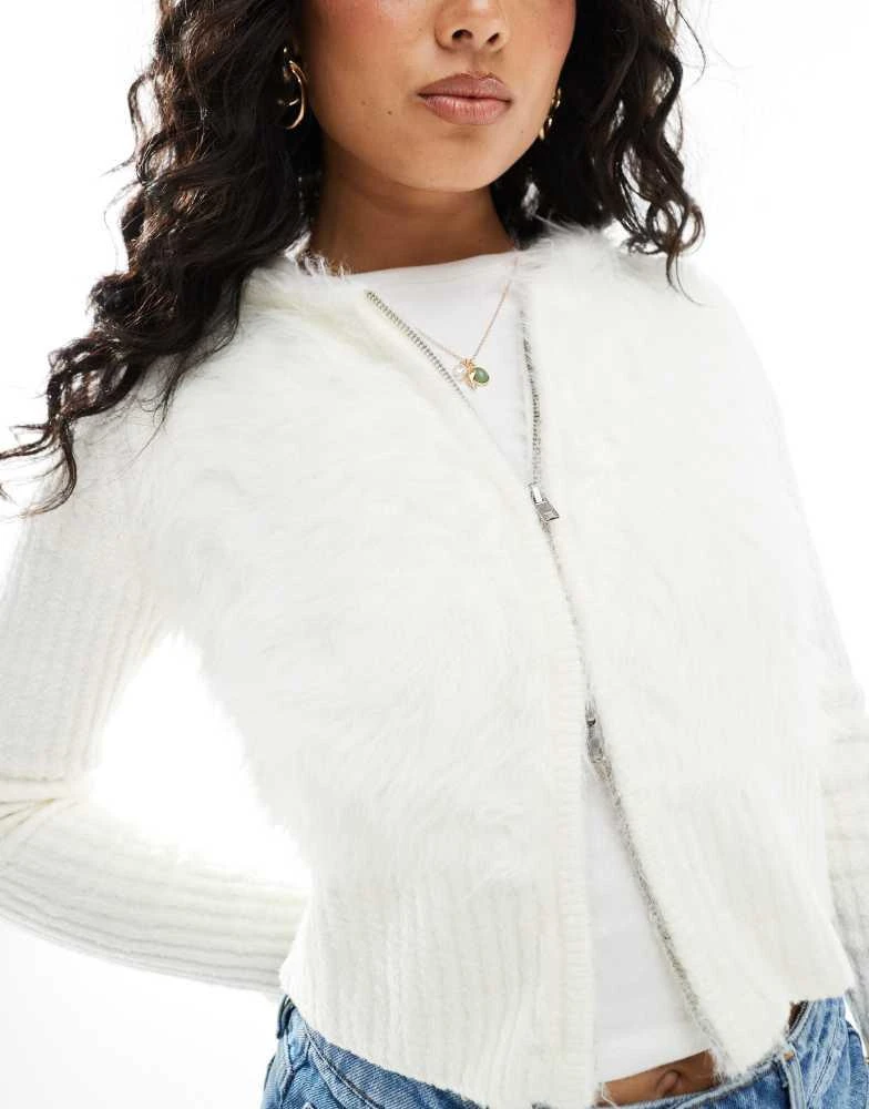 Monki Monki ribbed fluffy knitted two way zip hooded cardigan in off white 3