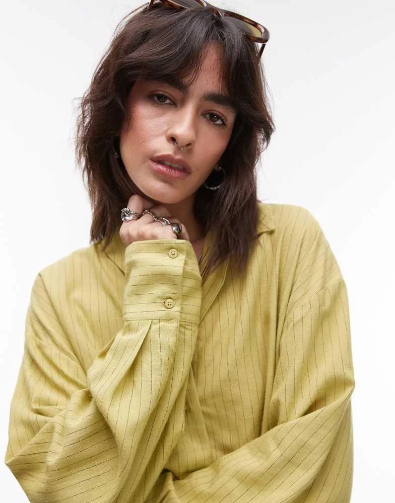 Topshop Topshop linen look shirt in green stripe 3