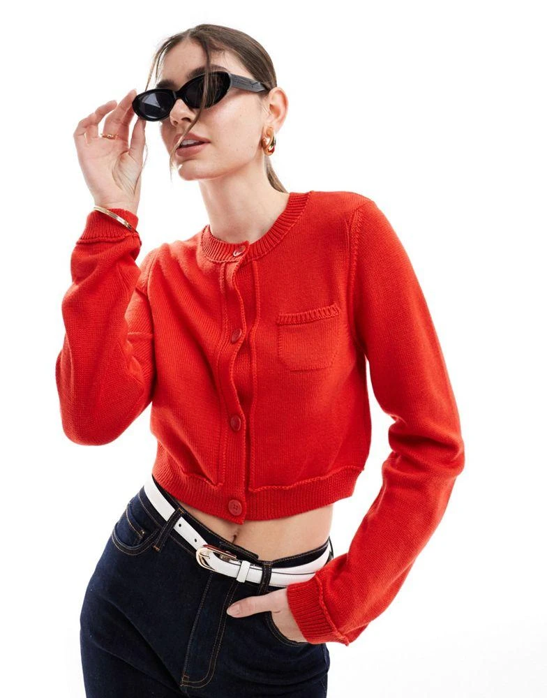 ASOS ASOS DESIGN crew neck cropped cardigan with pocket in cotton blend in red 1