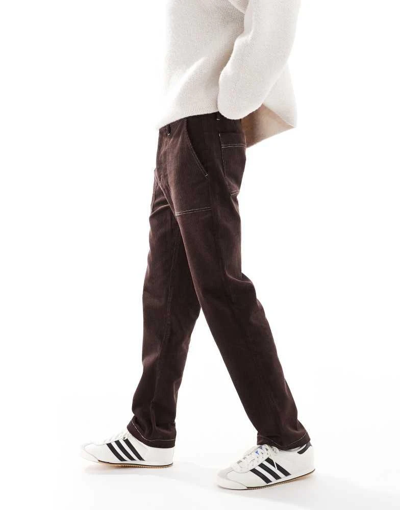 ASOS ASOS DESIGN straight leg cord trousers with contrast stitch in brown 3