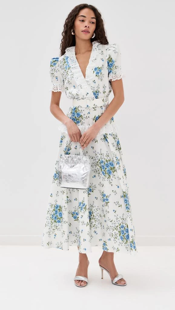 Rodarte White and Blue Daisy Silk Short Sleeve Silk Dress with Eyelet Ruffle Detail and Belt 4