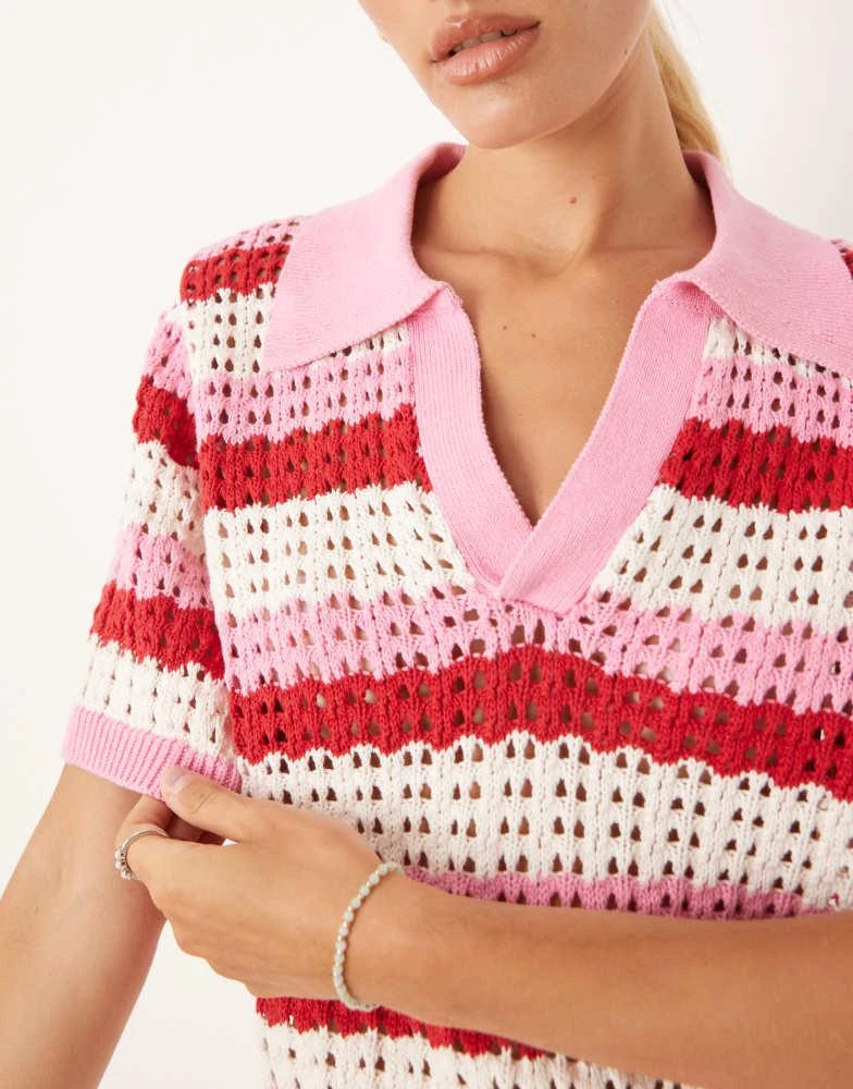 Brave Soul Brave Soul Stripe pointelle knit collared t-shirt in pink 3