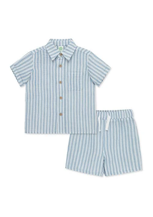 Little Me Me Baby Boys Blue Woven Shirt And Shorts Set 1