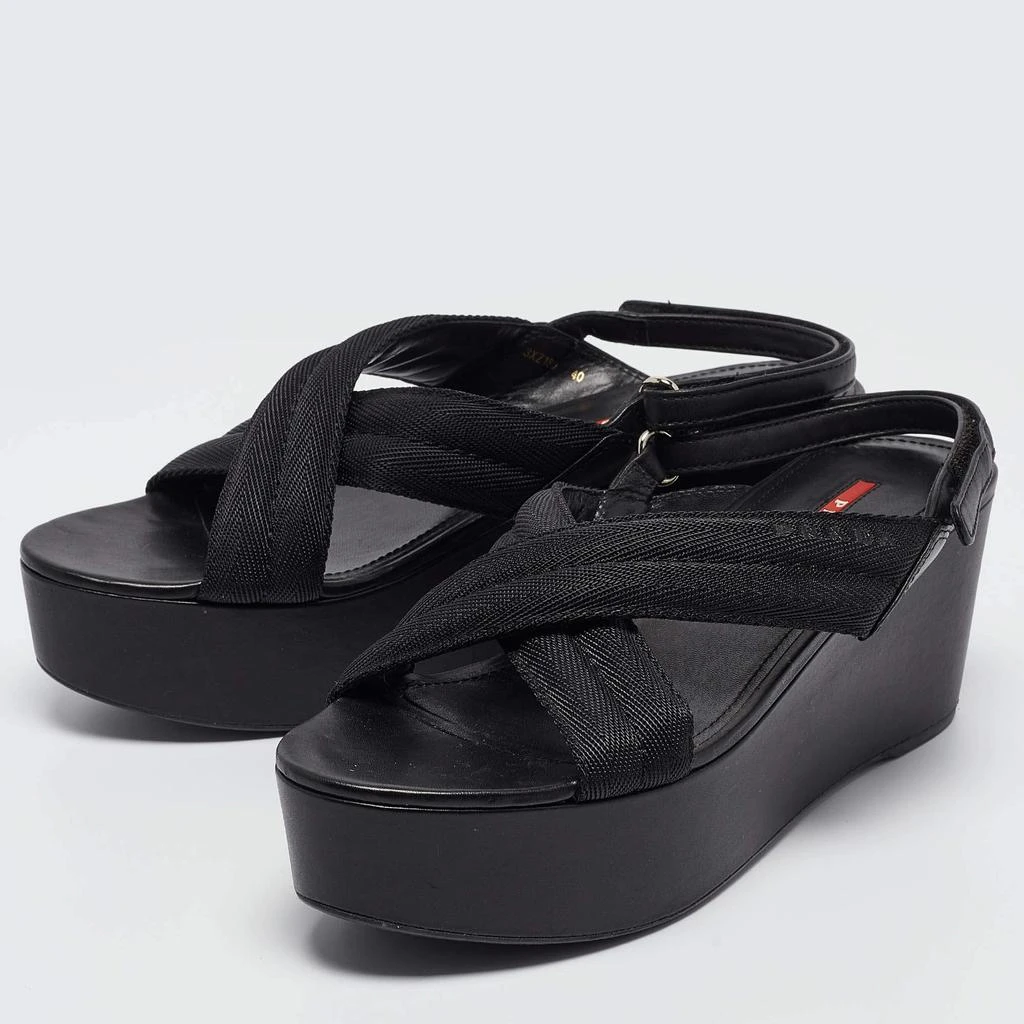 Prada Prada Sport Black Leather and Canvas Strap Wedge Sandals Size 40 2