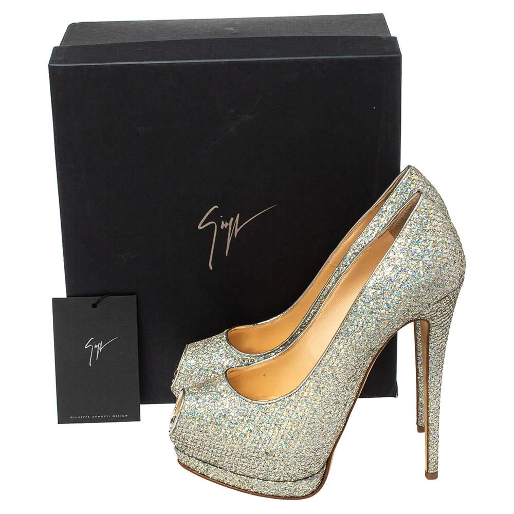 Giuseppe Zanotti Giuseppe Zanotti Silver Glitter And Leather Sharon Peep Toe Platform Pumps Size 40 8