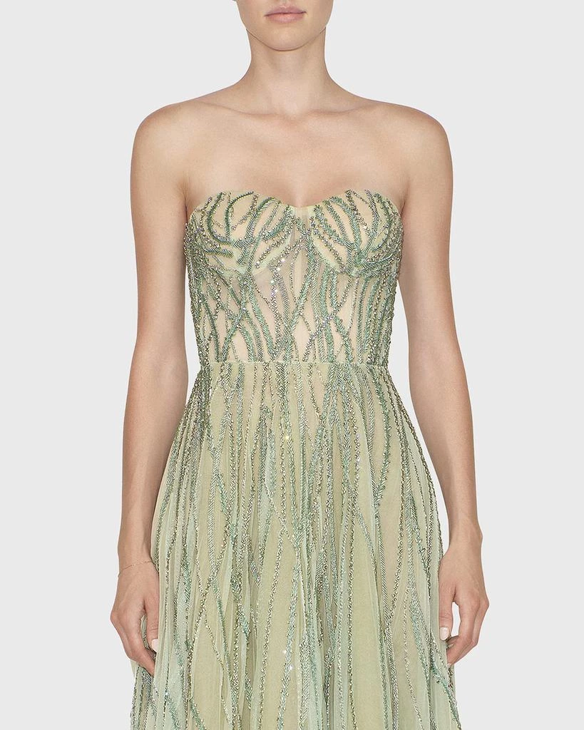 REEM ACRA Bead-Embellished Strapless Tea Length Dress 3