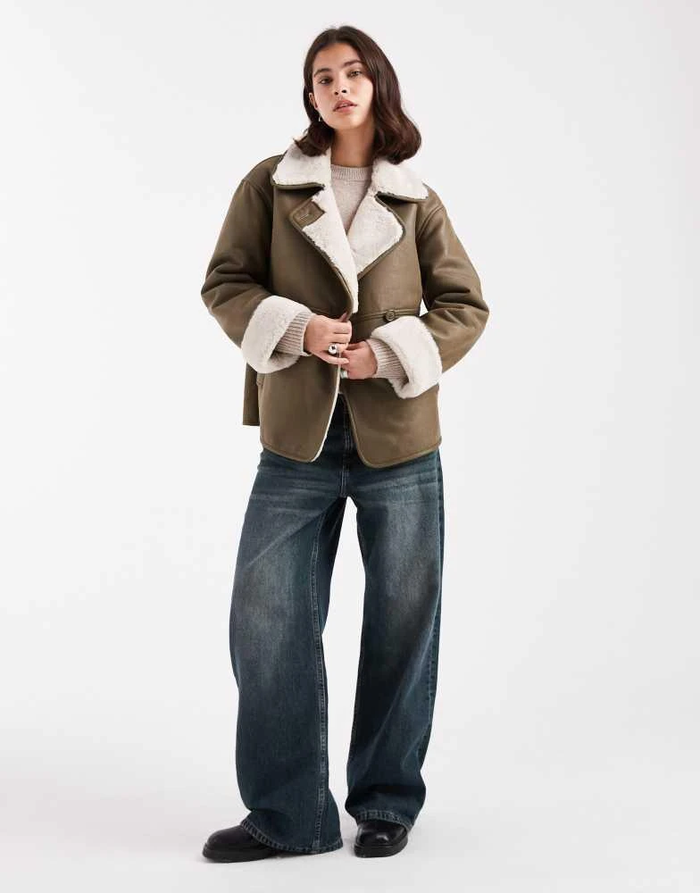 New Look New Look contrast trim bonded jacket in khaki 3
