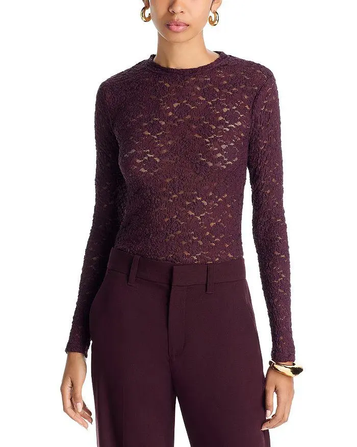AQUA Puckered Lace Long Sleeve Top - Exclusive